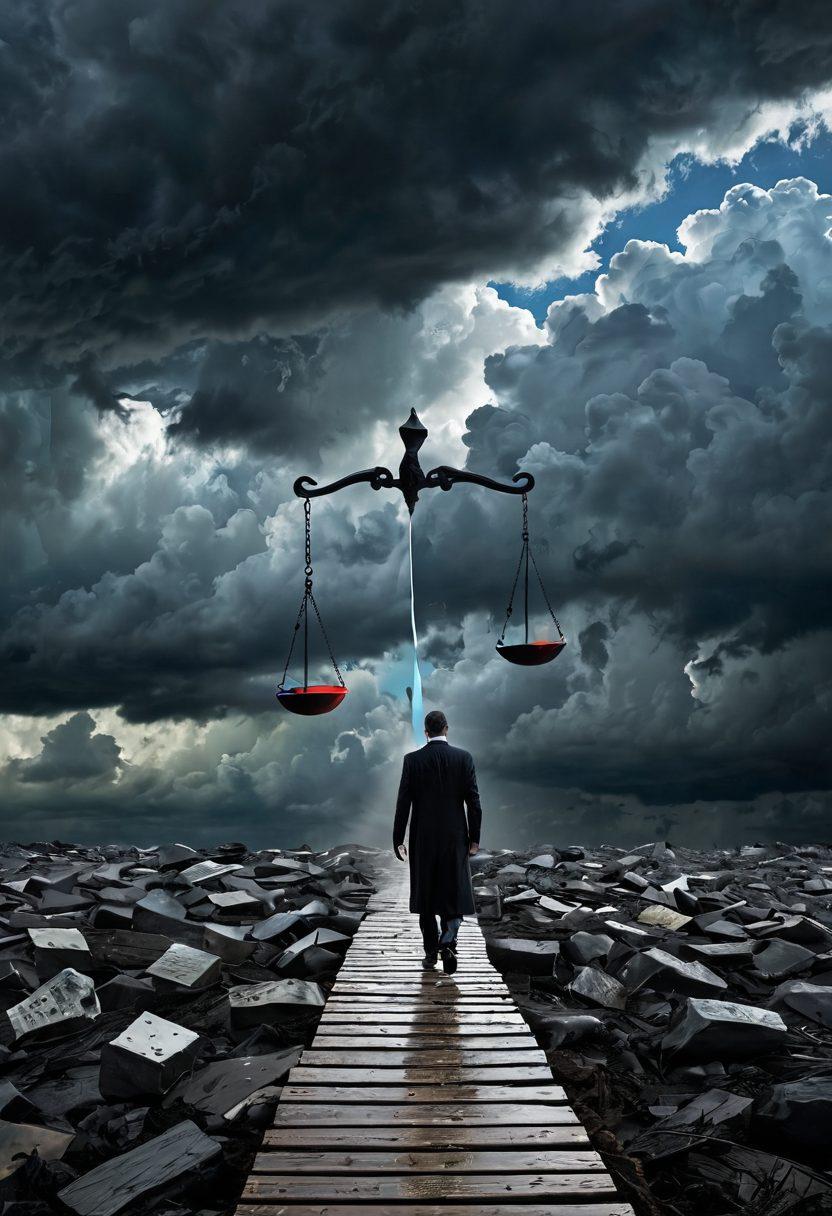 A visually striking metaphorical representation of a person transitioning from a stormy, gloomy landscape representing sadness to a vibrant, clear path of strategy filled with legal symbols like gavel, scales of justice, and calendar pages. The sky brightens as the person walks forward, embodying hope and determination. Incorporate elements that evoke a sense of legal success and personal growth. super-realistic. vibrant colors. 3D.