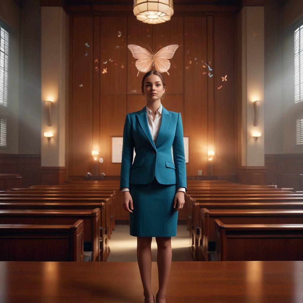 A confident person standing tall in a courtroom, dressed in a sharp, elegant outfit, radiating positivity amidst a gloomy atmosphere. The courtroom is dimly lit, with shadows casting across the room, but a soft light highlights the individual. Include subtle representations of determination and resilience around them, like glowing symbols or ethereal butterflies. super-realistic. vibrant colors. dramatic lighting.