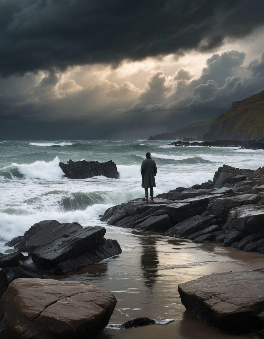 A solitary figure standing on a rocky shoreline, gazing into a turbulent sea under a stormy sky, symbolizing the emotional journey of navigating through legal challenges. In the distance, a faint glow of hope emerges from the horizon, representing guidance and clarity. Gentle waves crashing against the rocks reflect sadness, while the figure holds a document in hand, signifying court dates. Overall, the composition evokes a sense of determination amidst turmoil. moody realism. dramatic colors. dark clouds and light contrast.